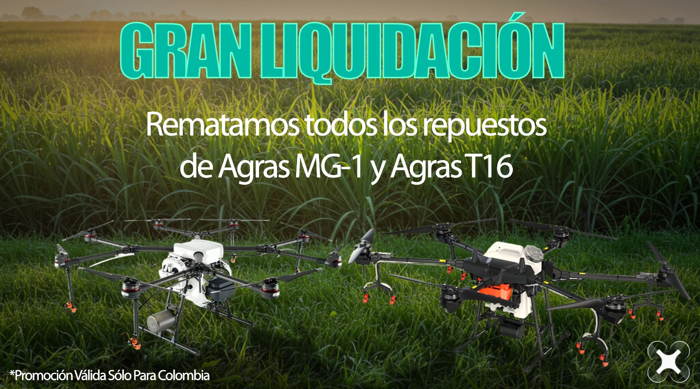 Imagen anunciando la liquidación de repuestos de DJI Agras MG-1 y T16 en Colombia
